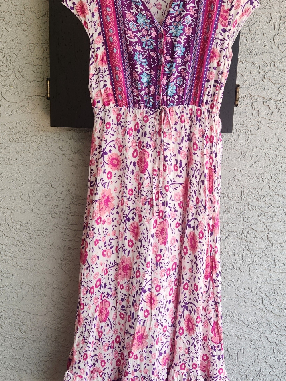 Angashion Womens Large Floral Boho Midi Dress Pink Purple V-Neck Short Sleeve